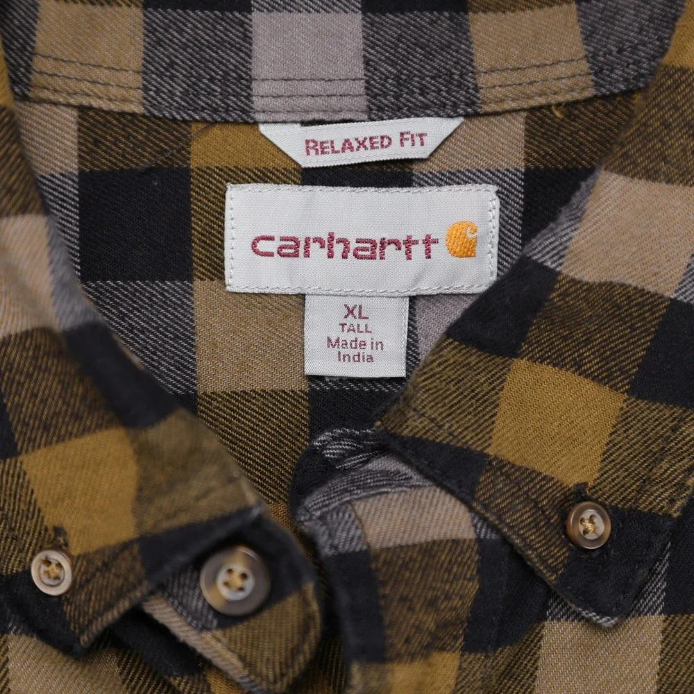 Carhartt Mens Relaxed Fit Plaid Button Down Flannel Shirt XL Tall Mustard Gray